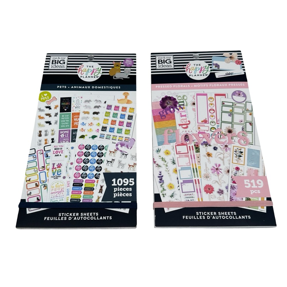 The Happy Planner Sticker Book Bundle Pets 1095pc & Pressed Florals 519pc Gray